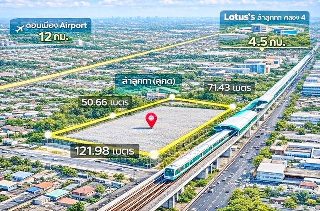 ใกล้คลองสอง ให้เช่าลำลูกกา21-27 รถไฟฟ้า BTSคูคต 500ม.ที่ดินถมแล้ว  เหมาะลงทุน โกดัง โลจิสติกส์ ขนาด 5 ไร่